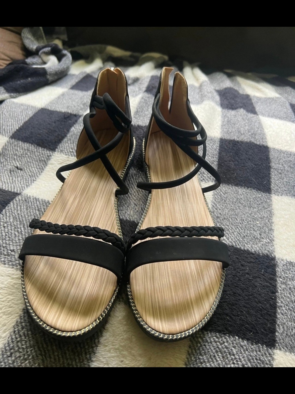 Women's Black Braided Strappy Flat Sandals with Ankle Wrap